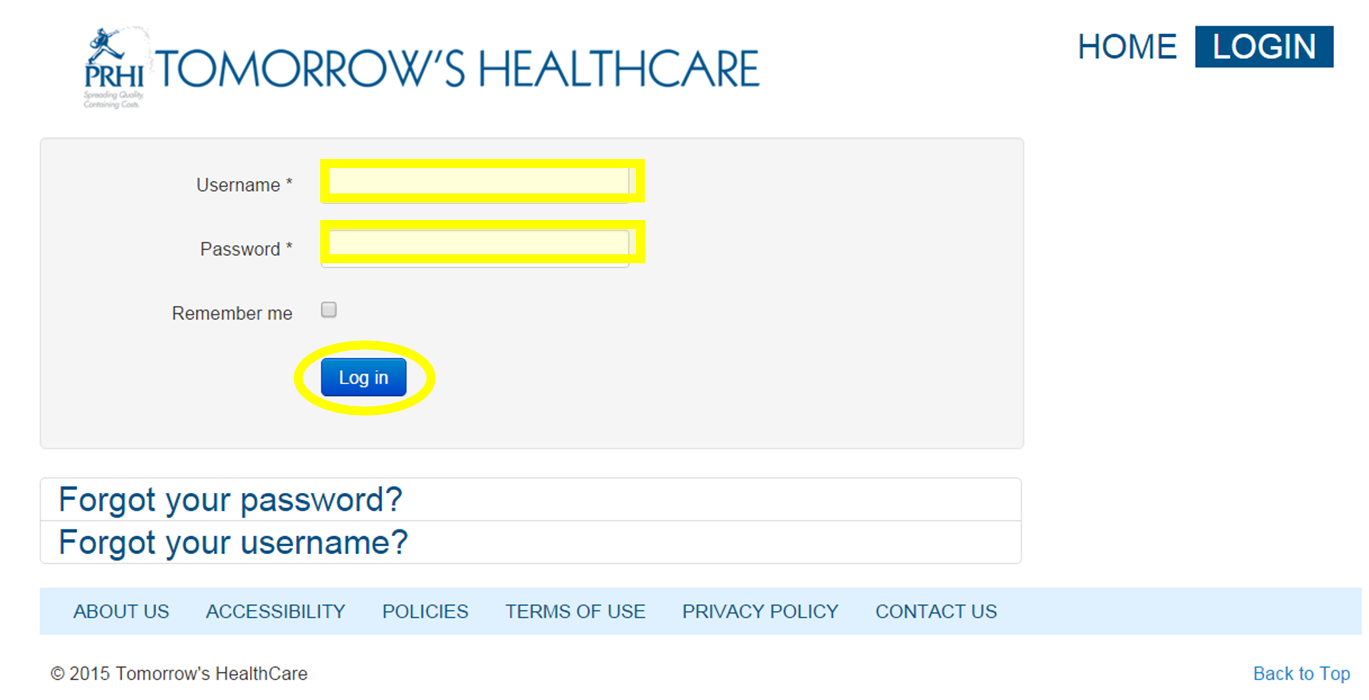 THC log in screen with username password and submit circled