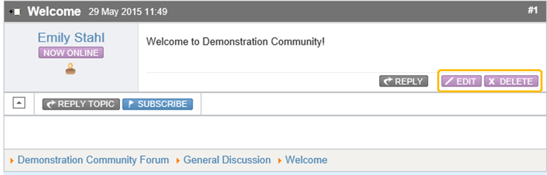 screen shot of forum entry with the edit and delete buttons circled